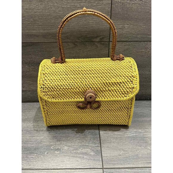 POPPY + SAGE Rattan Crossbody with Top Handle- Alice Yellow,Bag No Strap - Picture 1 of 6